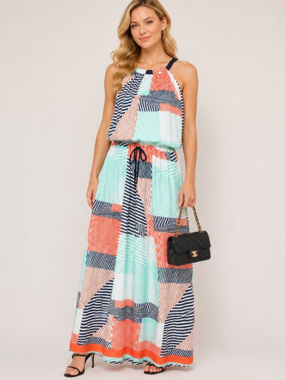 Vince Camuto Geometric Halter Maxi Dress Coral Mint Black Sleeveless Bow Tie 10 - Picture 1 of 9